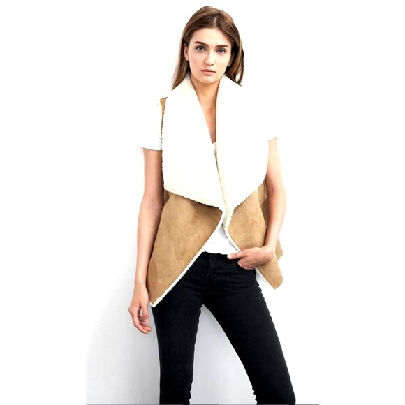 SPLENDID Tan Faux Sherpa Shearling Drape Open Front Keane Vest Sz Small 1086U4 - Picture 1 of 12